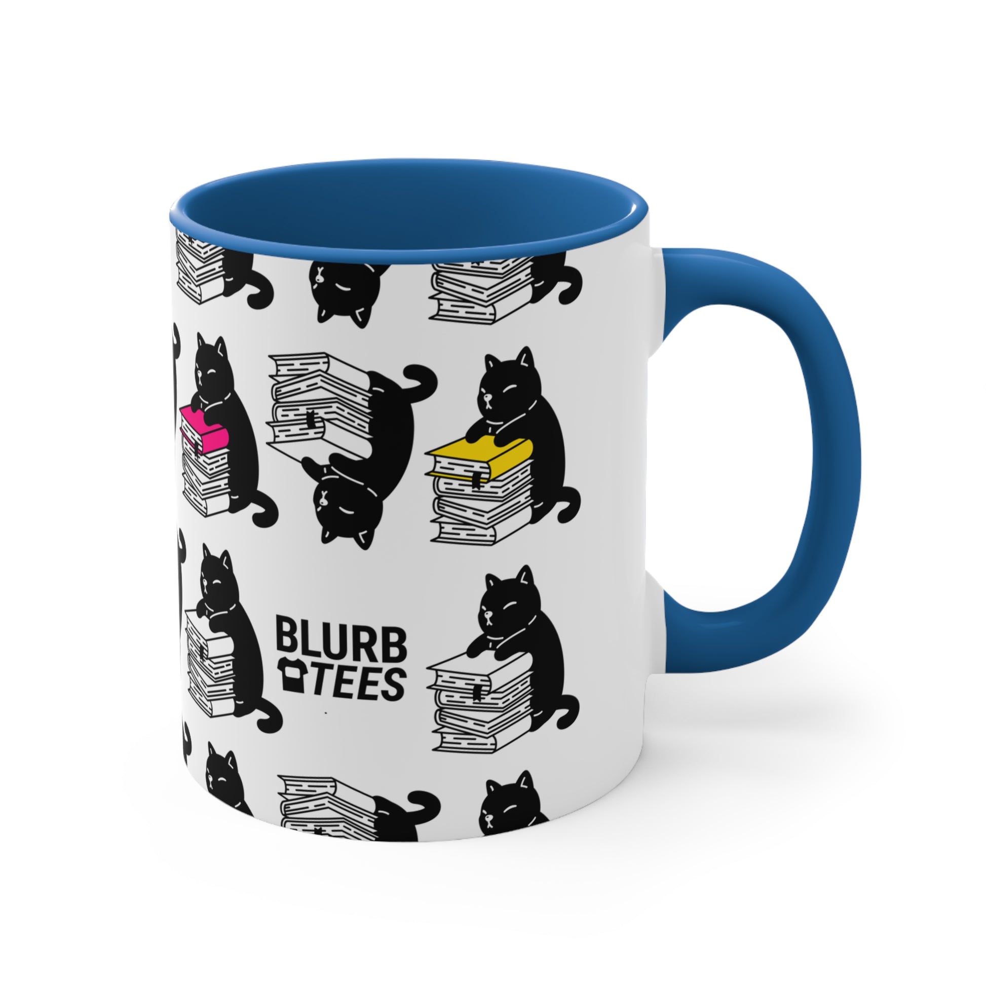 This adorable Blurb Tees Mug features a clever cat reading a book, showcasing a love for literature and feline charm. Made with vibrant colors and charming design, it's the perfect gift for book lovers and cat enthusiasts alike.