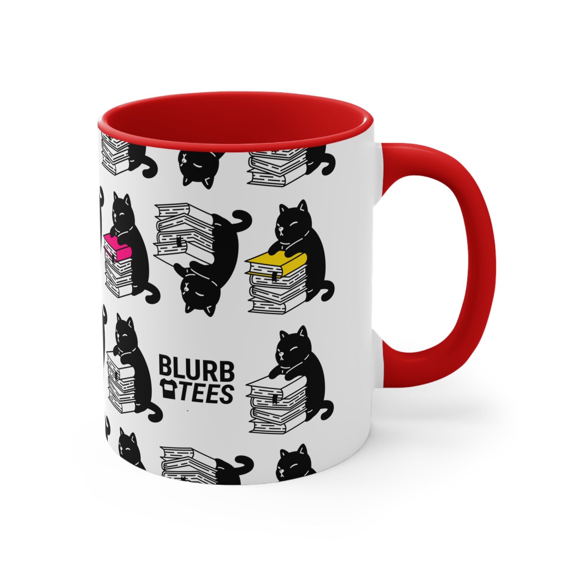 This adorable Blurb Tees Mug features a clever cat reading a book, showcasing a love for literature and feline charm. Made with vibrant colors and charming design, it's the perfect gift for book lovers and cat enthusiasts alike.